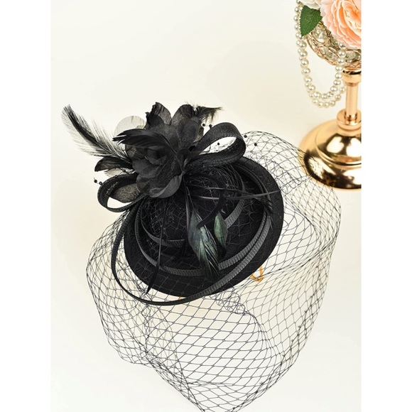 Black Fascinator Flower Mesh Feathers Hair Clip - Picture 5 of 7